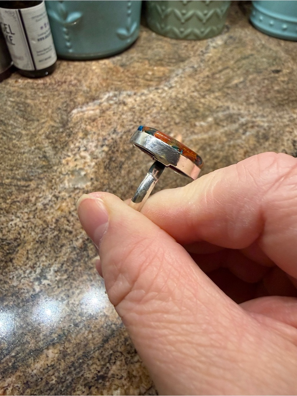 Spiny Oyster, Turquoise Eclectic Silver Artisan Ring, Size 8 (Red, Blue, Gold) - Picture 6 of 9